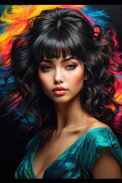 نقاشی پرتره زن با موهای مجعد و لباس سبز فیروزه‌ای برای تابلو دکوراتیو