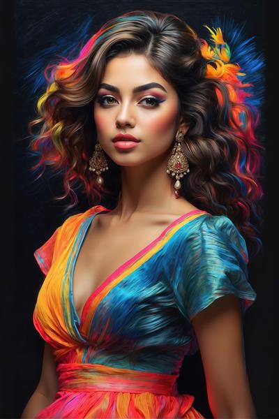 طرح نقاشی زن با موی کوتاه و لباس مشکی درخشان با نورهای نئونی دکوراتیو