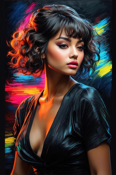 نقاشی پرتره زن با موهای مجعد کوتاه و لباس سبز فیروزه‌ای برای تابلو دکوراتیو