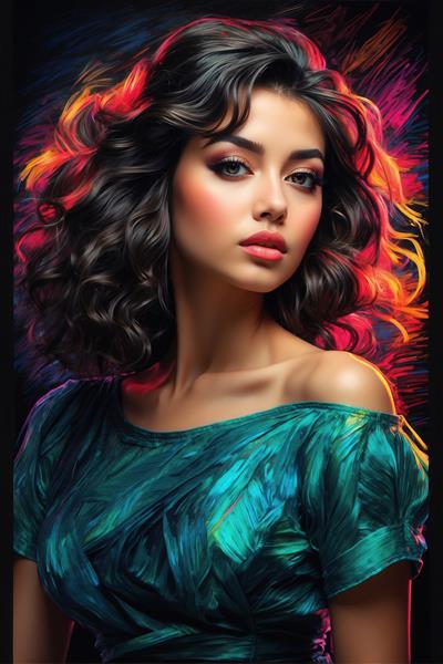 تصویر پرتره زن با موهای مشکی مجعد و لباس فیروزه‌ای برای چاپ روی بوم باکیفیت