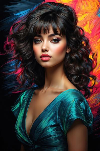 نقاشی پرتره زن با موهای بلند و هایلایت نئونی برای چاپ روی کوسن