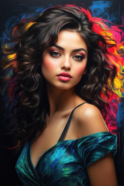 نقاشی پرتره زن با موهای تیره با هایلایت نئونی برای دکوراسیون اتاق نوجوان