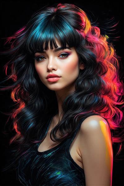 نقاشی پرتره زن با موهای بلند و لباس فیروزه‌ای با هایلایت نئونی دکوراتیو