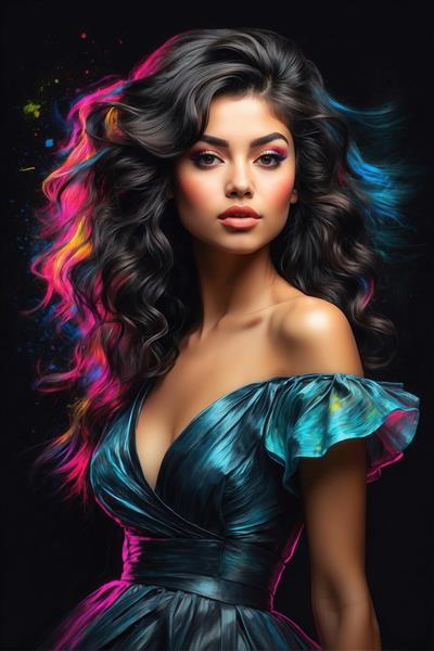 نقاشی زن شاد با لباس رنگین‌کمانی آبستره برای پوستر دیواری باکیفیت