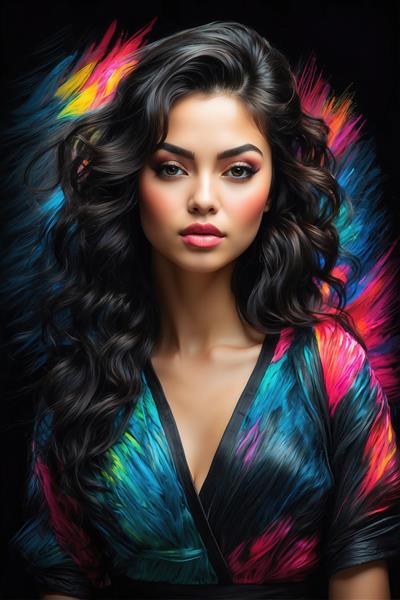 عکس نقاشی پرتره زن با موهای تیره و پس‌زمینه اسپری رنگ