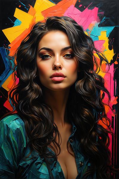 عکس نقاشی پرتره زن با موهای تیره و پس‌زمینه اسپری رنگ برای دکور منزل