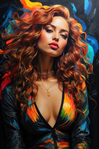 تصویر پرتره نقاشی زن مو مجعد آتشین با لباس رنگین‌کمان برای چاپ کوسن