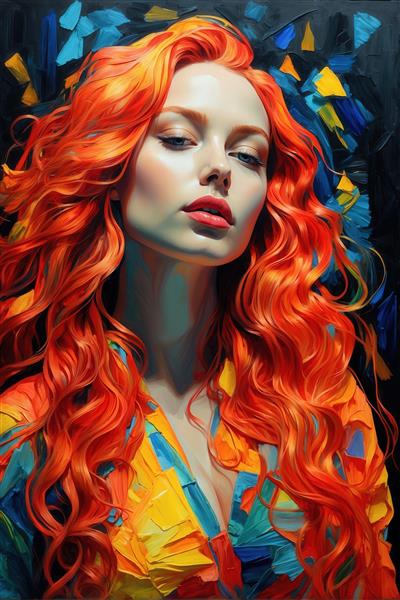 تصویر نقاشی پرتره زن با موهای نارنجی و لباس رنگی برای تابلو دکوراتیو باکیفیت