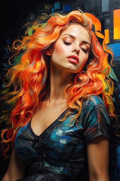 طرح نقاشی پرتره زن با موهای نارنجی و لباس تیره برای چاپ روتختی باکیفیت