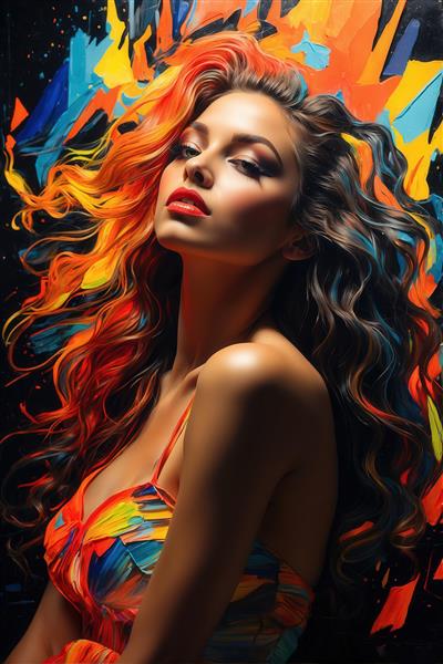عکس پرتره زن با موهای روشن و لباس رنگارنگ آبستره برای پوستر باکیفیت