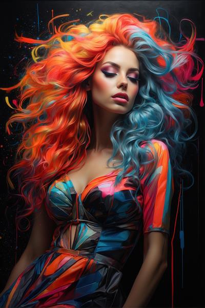 تصویر زن با موی بلند فرفری (قرمز و آبی) و لباس رنگارنگ نئون برای پوستر