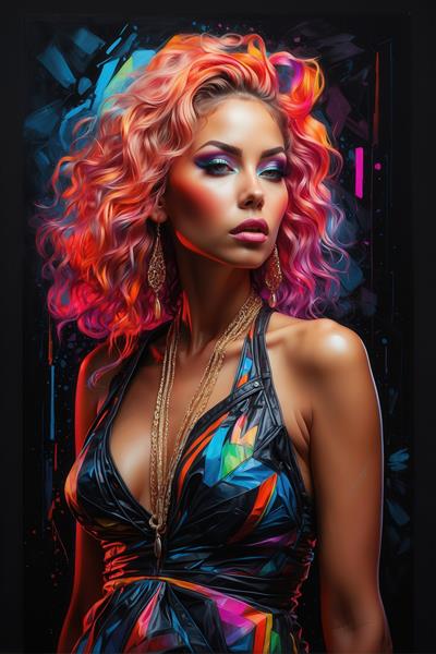 طرح پرتره زن با موی فرفری نارنجی صورتی و لباس تیره نئونی برای کوسن