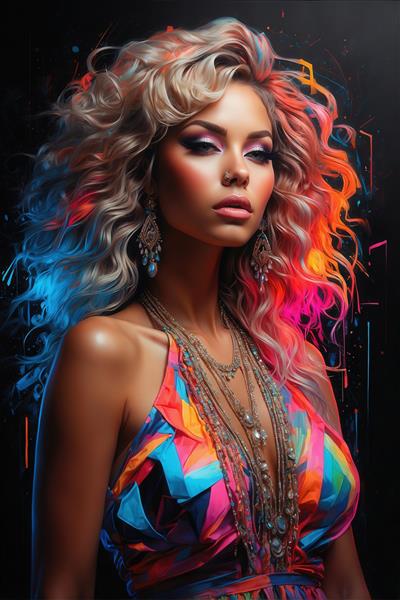 عکس پرتره زن با موی فر بلوند رنگی و گردنبند پر مهره نئونی برای تابلو