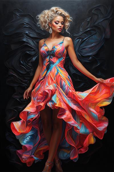 تصویر زن در لباس شب پرچین قرمز آبی نئونی برای چاپ روی روتختی مدرن