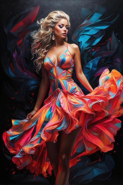 طرح تمام‌قد زن با لباس بلند رنگارنگ و موی بلند بلوند برای چاپ روی پرده