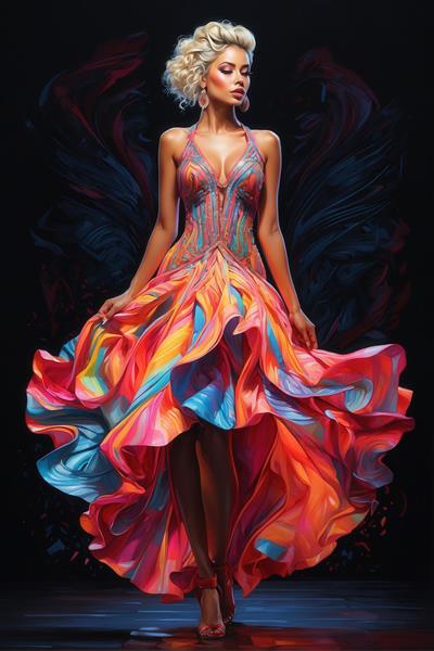 عکس تمام‌قد زن با لباس پرچین نارنجی آبی نئون برای تابلوی دکوراتیو بزرگ