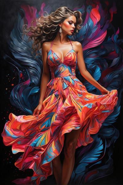 تصویر تمام‌قد زن با لباس مجلسی شاد و پرچین نئونی برای پوستر دیواری