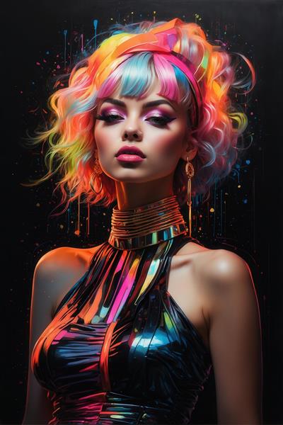 تصویر طرح پرتره زن با موی فر بلوند رنگی و لباس رنگارنگ نئونی برای تابلو