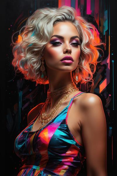 طرح پرتره زن با موی فر بلوند نقره‌ای و لباس رنگارنگ نئونی برای تابلو