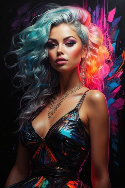 عکس زن با موی دو رنگ فرفری (آبی و نارنجی) و لباس براق نئونی برای پرده