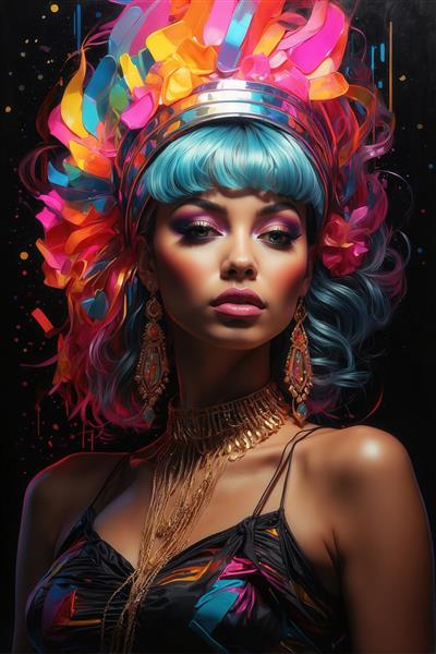 تصویر زن با کلاه پر پر و موی آبی فیروزه‌ای نئون برای پوستر