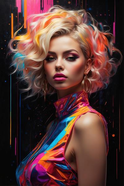 طرح زن با موی چند رنگ فرفری و لباس یقه بلند نئونی برای روتختی