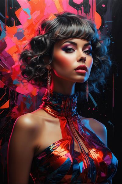 عکس زن با موی تیره فر و لباس براق نارنجی نئونی برای چاپ روی کوسن