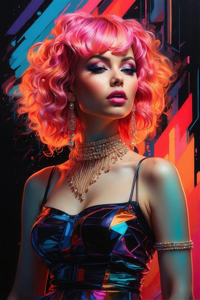 تصویر زن با موی فرفری صورتی روشن نئونی و گردنبند طلایی برای تابلو