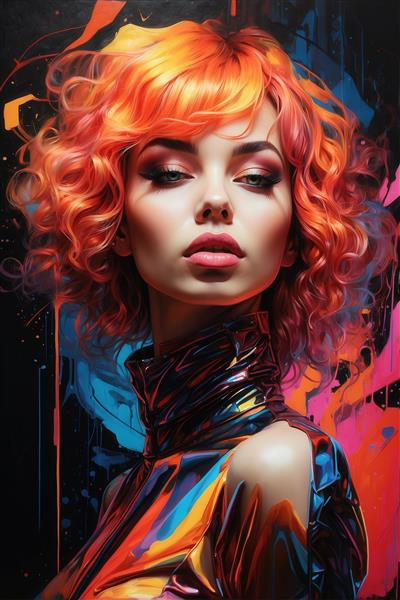 طرح زن با موی فرفری نارنجی روشن نئونی و یقه بلند برای چاپ