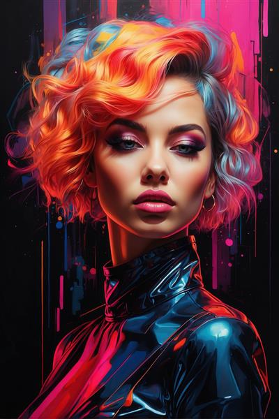 طرح زن با موی فرفری نارنجی روشن نئونی و یقه بلند برای چاپ روی ماگ