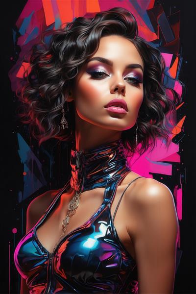 عکس زن با موی تیره فر و لباس چسبان براق نئون برای پوستر اتاق نشیمن