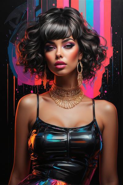 تصویر زن با موی کوتاه تیره و لباس براق مشکی نئونی برای چاپ پرده