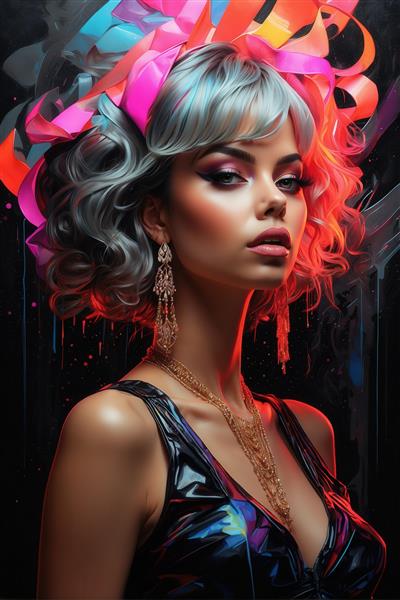 طرح زن با موی نقره‌ای و روبان بزرگ صورتی نئونی برای تابلو دکوراتیو