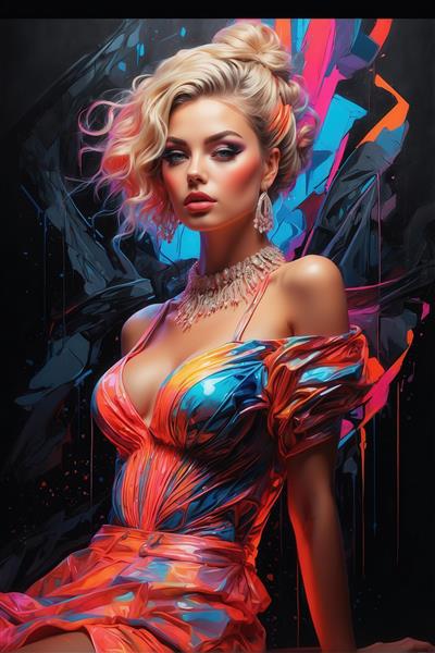 عکس زن با لباس نارنجی آبی و موی بلوند جمع‌شده نئون برای روتختی