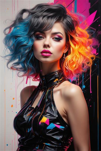 تصویر زن با موی دو رنگ (تیره و نارنجی/آبی) نئونی برای پوستر دیواری