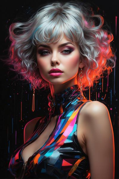 طرح پرتره زن با موی نقره‌ای چتری نئون برای چاپ روی کوسن