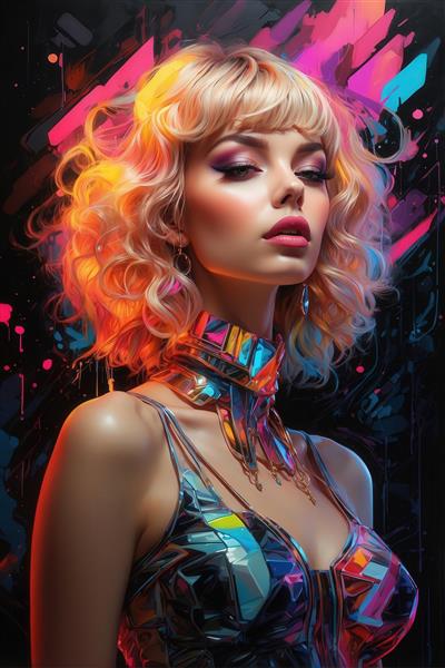 عکس زن با موی فر بلوند نئونی و گردنبند آینه‌ای براق برای تابلو دکوراتیو