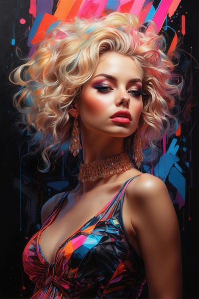 تصویر زن با موی فر حجیم بلوند نئون و گوشواره‌های بلند برای پرده چاپی