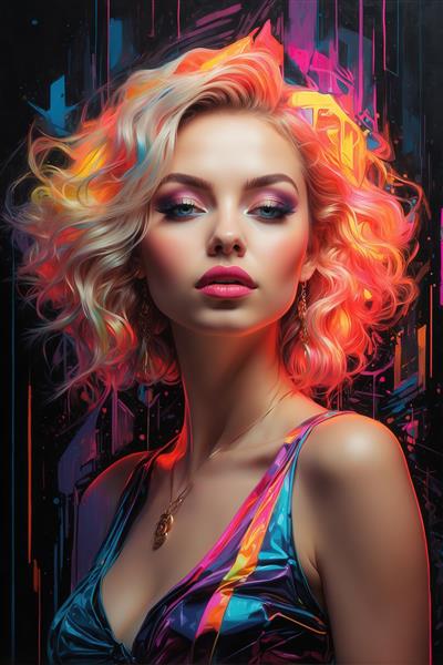 طرح پرتره زن با موی فرفری کوتاه نئونی و لباس رنگارنگ برای تابلو