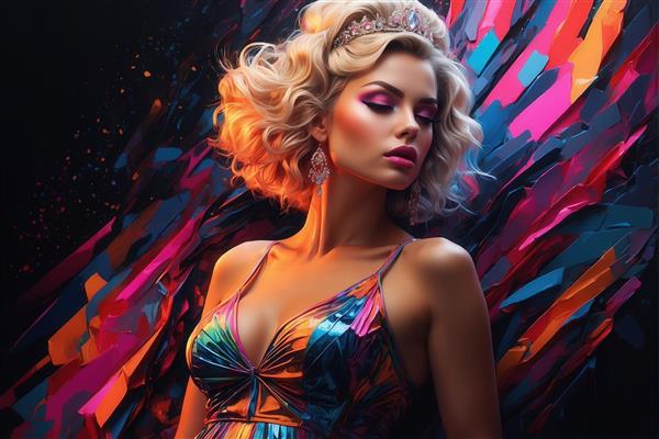 عکس زن با تاج طلایی و موی فر بلوند نئون برای پوستر اتاق نوجوان