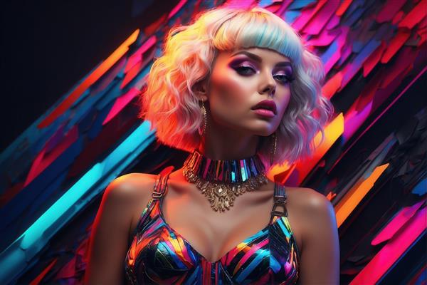 تصویر زن با موی چتری و گردنبند پهن نئونی برای چاپ روی ماگ و کوسن