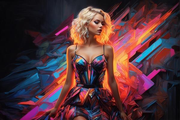 تصویر زن در لباس شب نئون با پس‌زمینه انتزاعی برای تابلوی دکوراتیو
