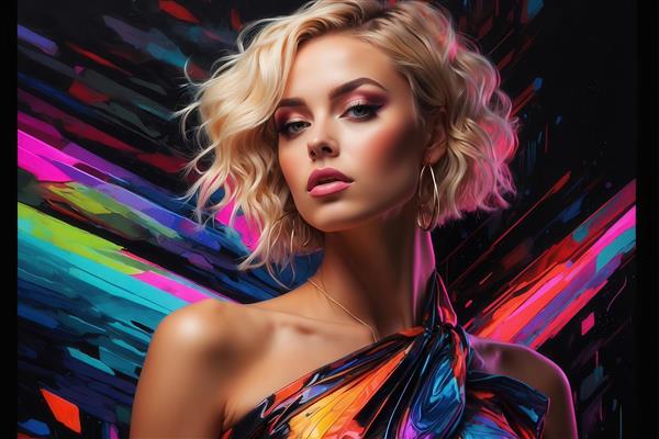 تصویر پرتره زن مو کوتاه با لباس رنگی انتزاعی برای تابلو اتاق خواب