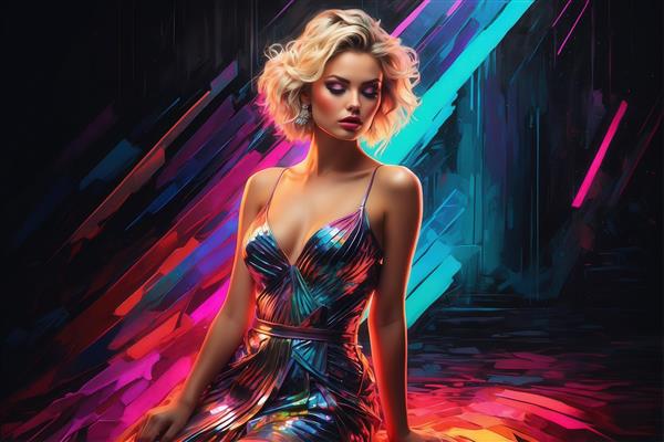 طرح زن نشسته مو کوتاه بلوند با لباس رنگی برای پوستر دیواری مدرن