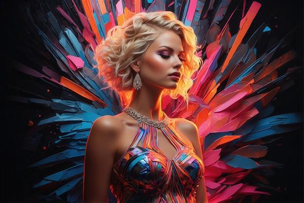 طرح زن با لباس مجلسی رنگارنگ و پس‌زمینه انفجاری برای پوستر