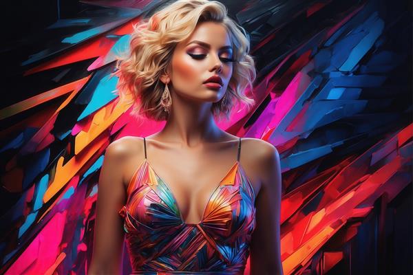 طرح زن با لباس مجلسی رنگارنگ و پس‌زمینه انفجاری برای پوستر عریض