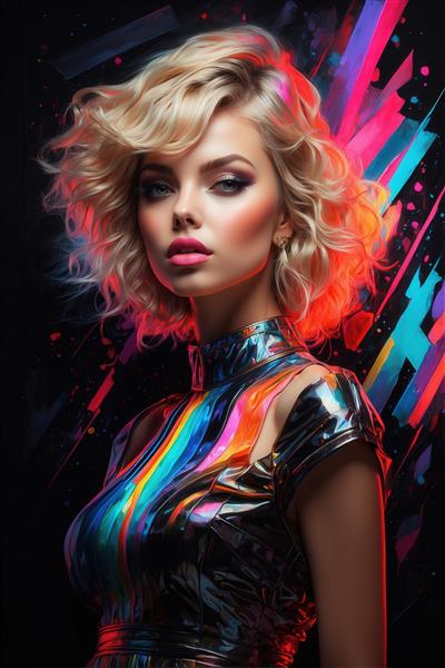 تصویر پرتره زن مو کوتاه بلوند با لباس نئونی آبی برای تابلو دکوراتیو