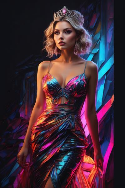 عکس پرتره زن با تاج و لباس نئونی رنگارنگ برای تابلو اتاق خواب