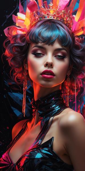 طرح زن مو کوتاه بلوند با لباس هولوگرام رنگین‌کمان برای تابلو مدرن