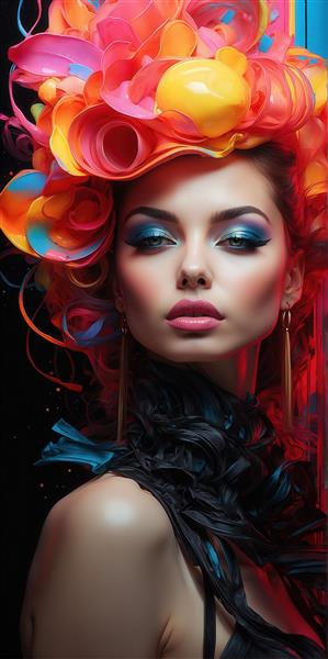 عکس تمام‌قد زن با لباس مجلسی دنباله‌دار نئونی برای پوستر اتاق نشیمن